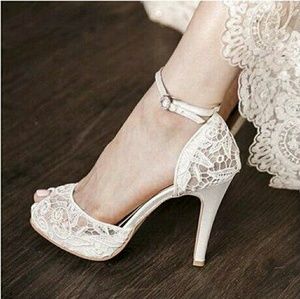 White bridal lace heels